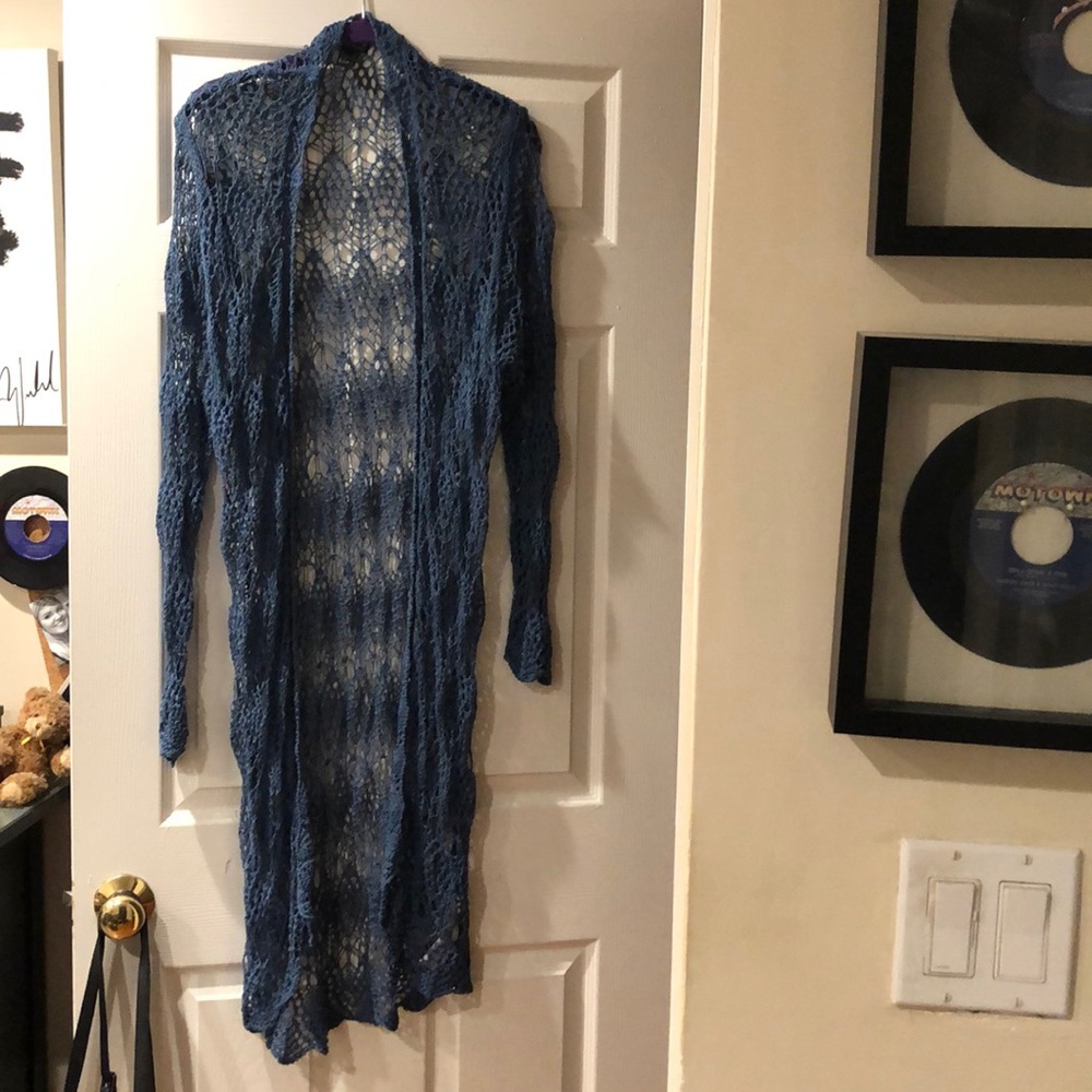 Long Blue crocheted cardigan